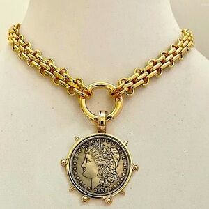 Gold Liberty Coin Statement Necklace Large Chunky Clavicle Choker